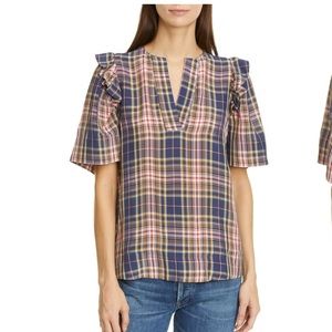 Sea NY Rooney Ruffle Shoulder Plaid Top